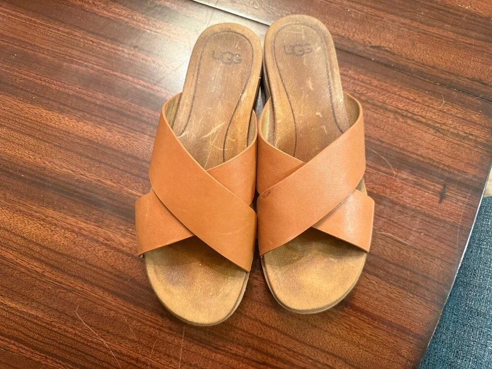 UGG Kari Tan Comfort  Leather/Suede Sandal Slide Criss-Cross Straps Womens Sz 9